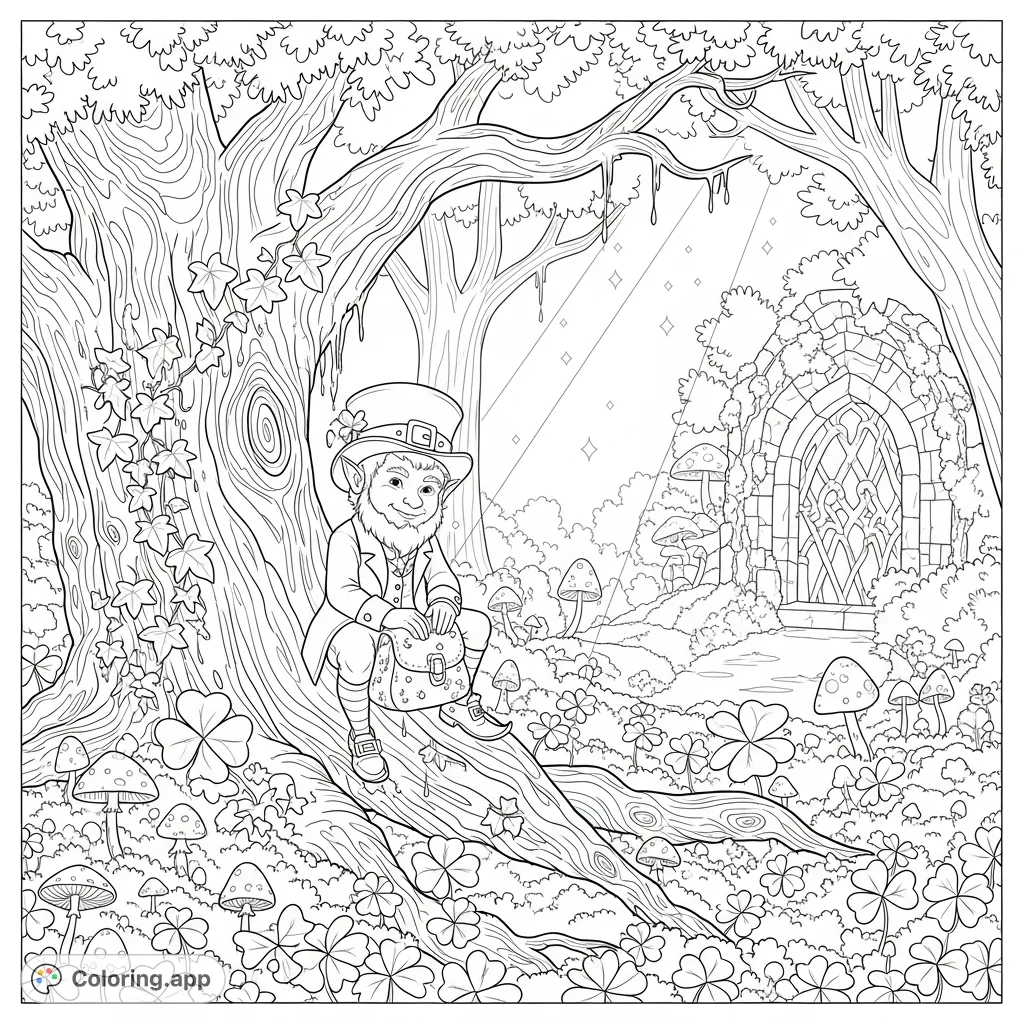 Discover a mischievous leprechaun in an enchanted oak glade, surrounded by four-leaf clovers, intricate mushrooms, and a mysterious stone archway. A detailed fantasy scene!