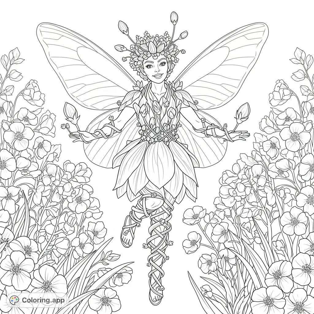 Discover an enchanting spring fairy surrounded by vibrant blooms and new growth. This detailed coloring page invites imaginative artistry and offers a delightful creative escape.