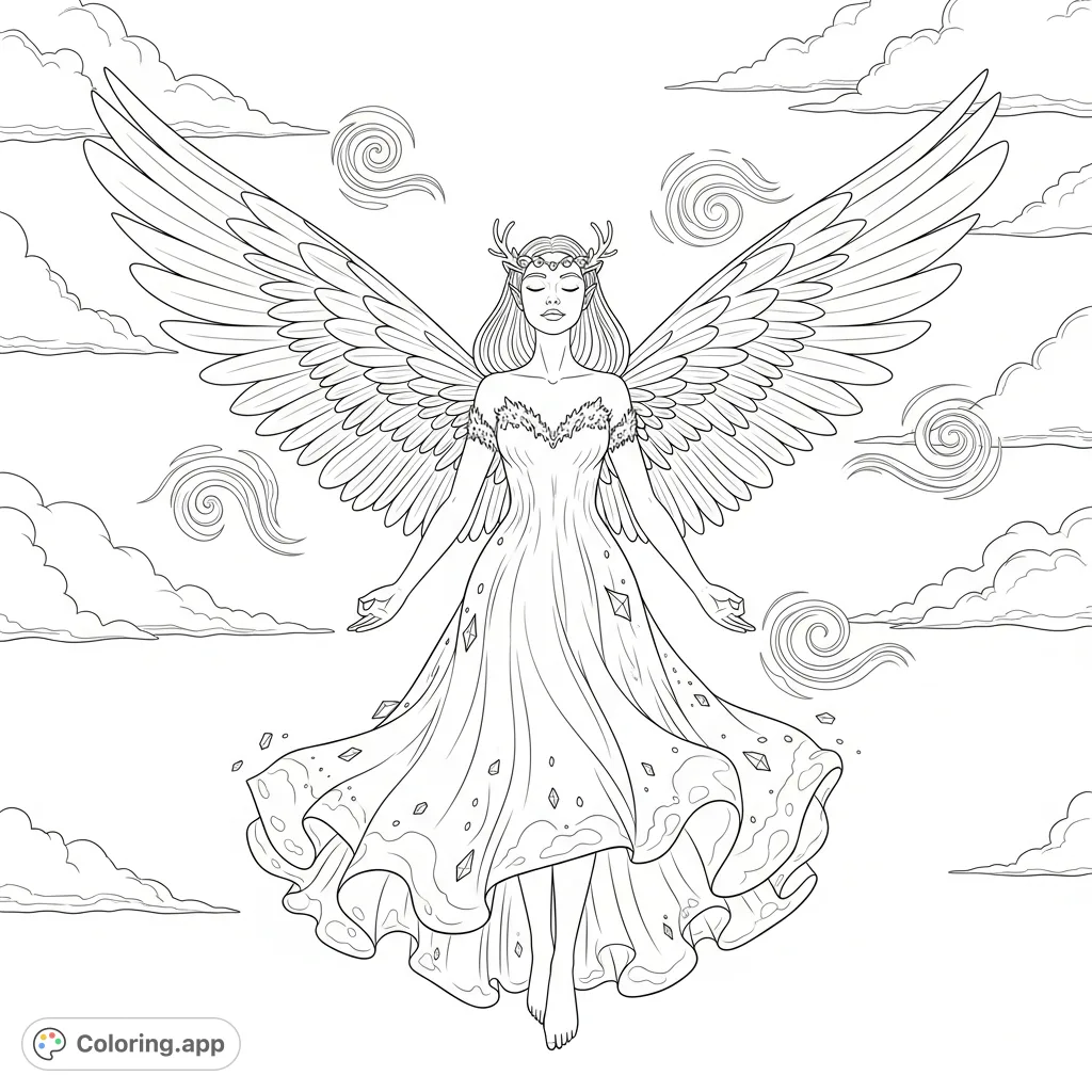 An ethereal air fairy ascends gracefully, eyes closed in serene meditation, surrounded by swirling zephyrs and wispy clouds, perfect for mindful coloring.
