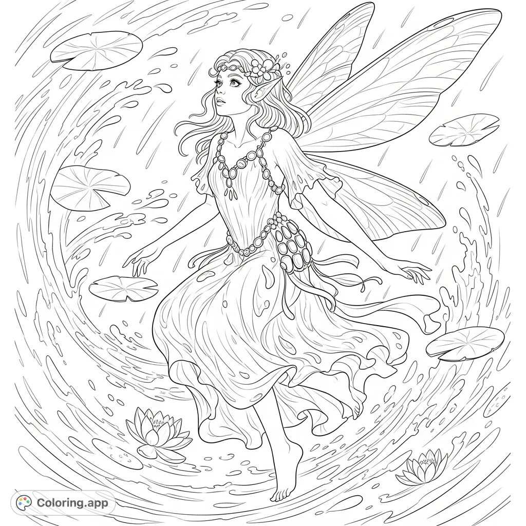 A graceful water fairy with shimmering garments and dragonfly-like wings floats amidst swirling currents, rain, and lily pads in an enchanting fluid scene.