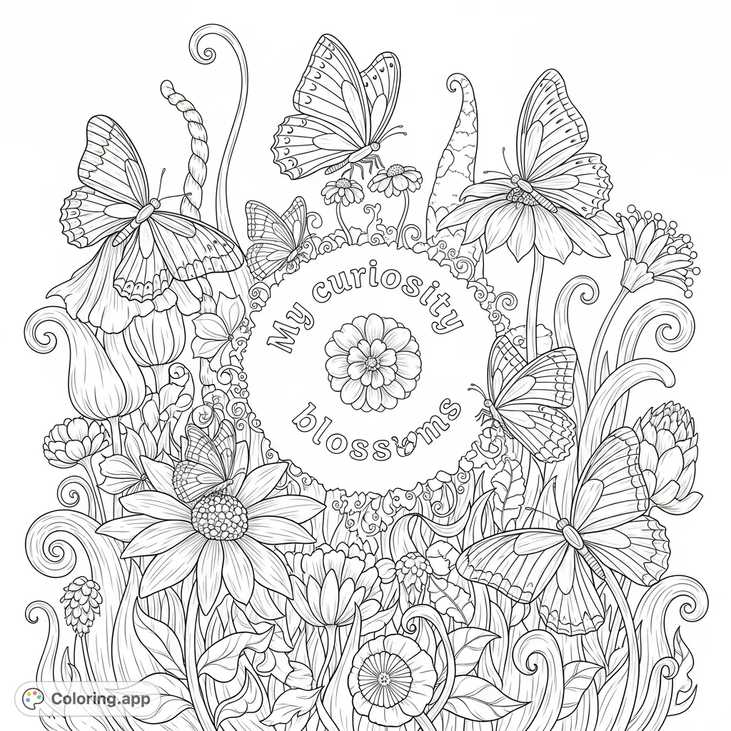 Explore an intricate, fantastical garden with swirling plant forms, exaggerated blossoms, and curious butterflies, featuring the affirmation "My curiosity blossoms."