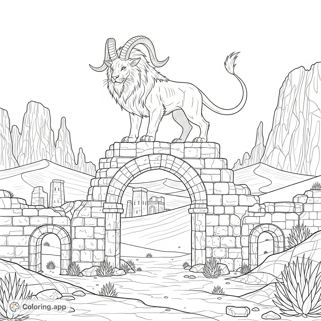 Unleash your creativity on a fearsome chimera perched on ancient desert ruins. Intricate details of its composite form and the sprawling arid landscape await your touch.