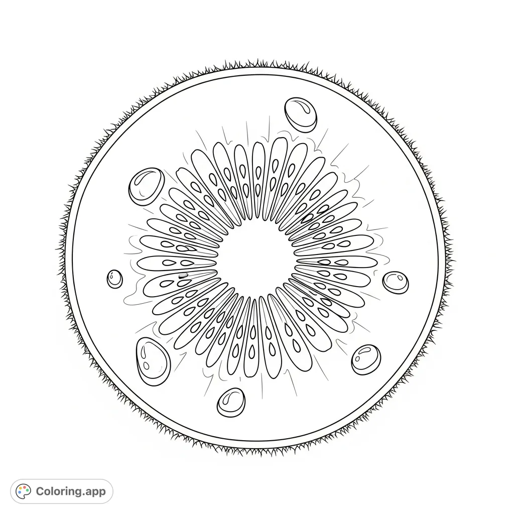 A detailed kiwi fruit slice featuring radiating seeds, glistening translucent flesh, and prominent dewdrops on its fuzzy edge. Perfect for nature lovers!
