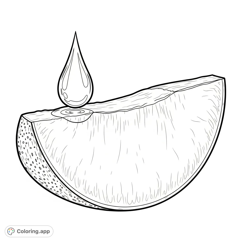 Discover a detailed mango slice with a single, perfect liquid droplet. Its fibrous flesh and inviting sheen promise a sweet, tropical delight for coloring enthusiasts.