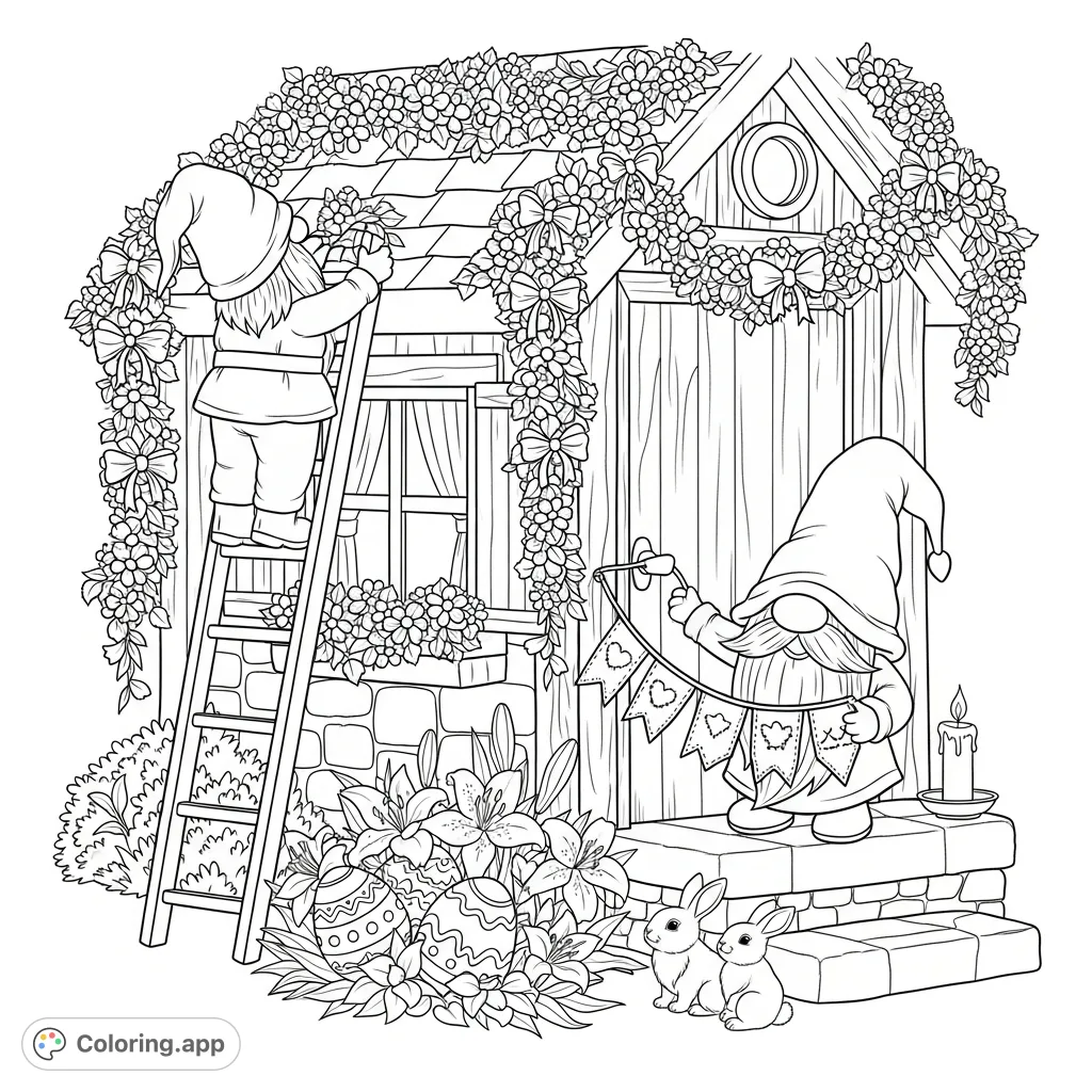 A charming gnome cottage coloring page featuring gnomes decorating for Easter with vines, flowers, bows, and a banner, surrounded by bunnies and eggs.
