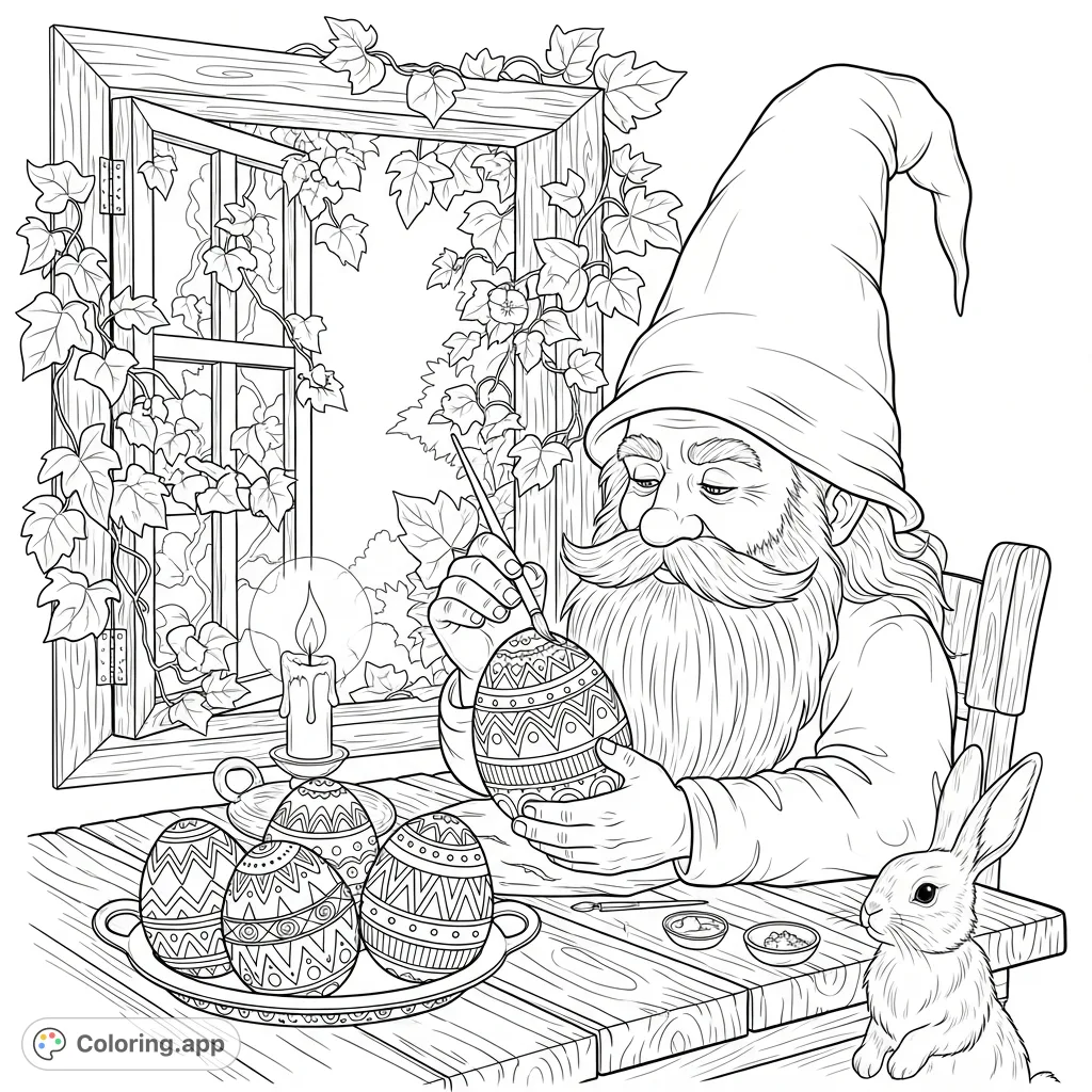 An enchanting gnome meticulously decorates intricate Easter eggs at a rustic table, observed by a quiet bunny, surrounded by spring blossoms.