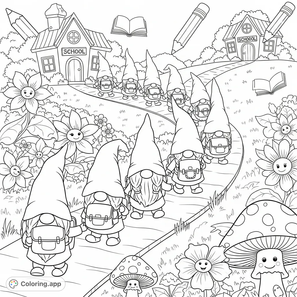 Join a cheerful line of gnomes on their journey home along a whimsical path. Discover oversized flowers, smiling toadstools, and a welcoming schoolhouse.