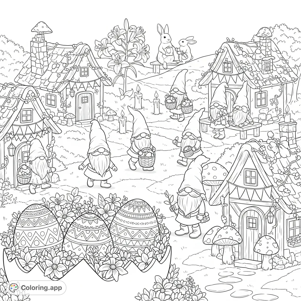 Explore a charming gnome village celebrating Easter with festive cottages, an egg garden, playful bunnies, and gnomes exchanging baskets. A delightful scene for all ages.