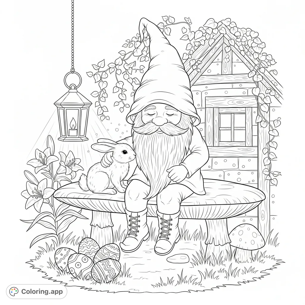 Gnome with Bunny and Eggs - Coloring.app