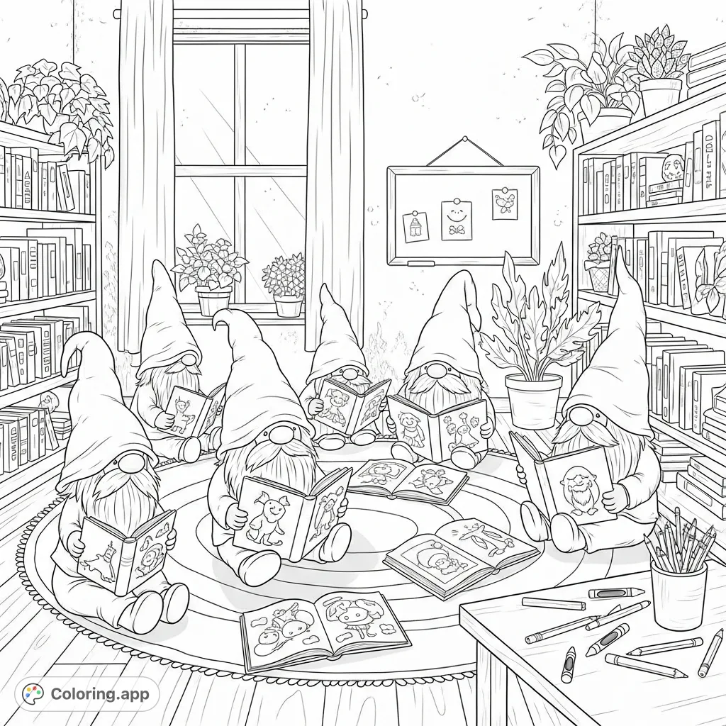 Step into a whimsical gnome classroom, where tiny scholars with floppy hats and long beards are absorbed in picture books on a circular rug. A charming, inviting scene!