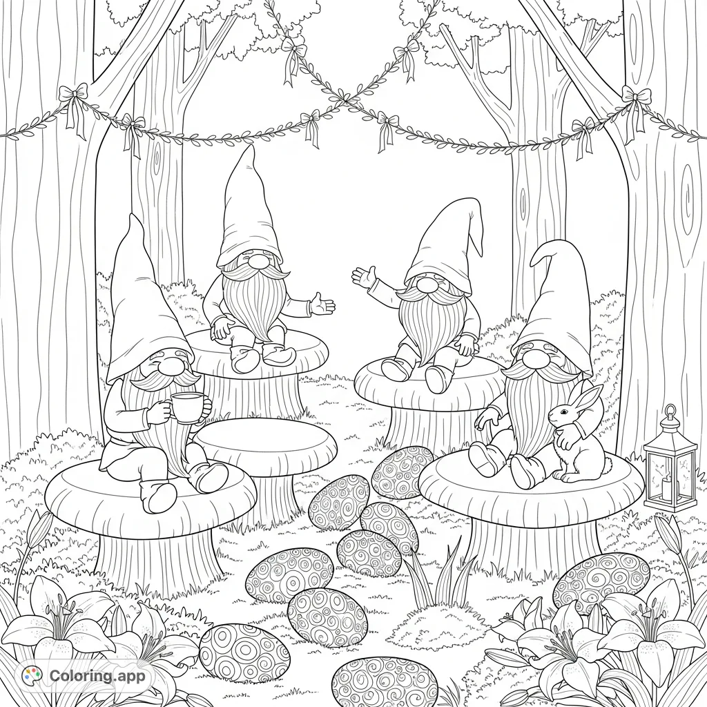 Discover a charming gnomes coloring page featuring whimsical gnomes, mushroom benches, fluffy bunnies, and intricate Easter decorations in a magical clearing.