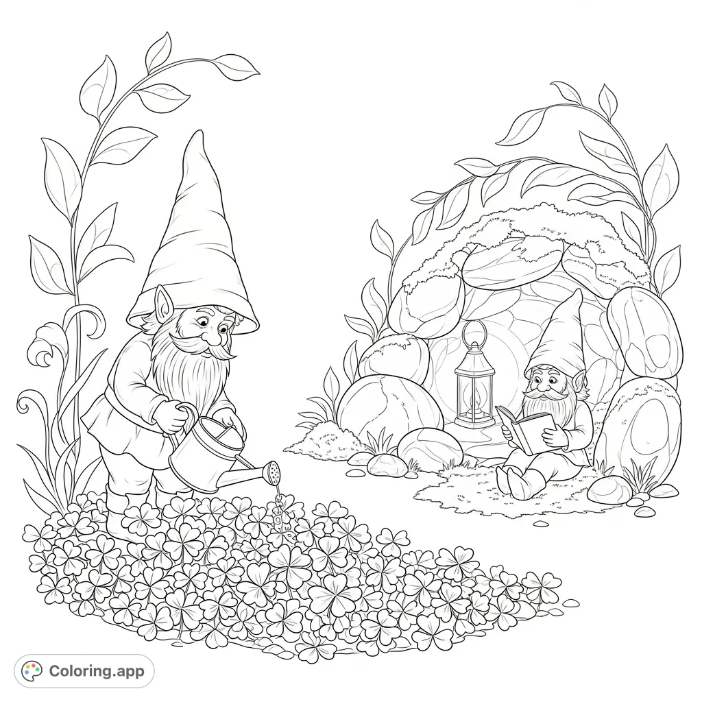 An enchanting gnome garden coloring page featuring two whimsical gnomes amidst lush clovers, a glowing lantern, and mossy stones. Delightful.