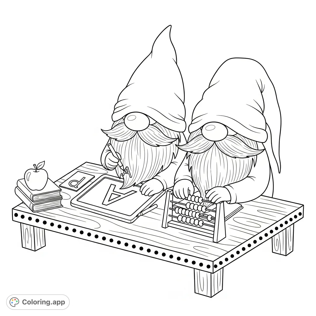 Two diligent gnomes practice letters on chalkboards and count beads on an abacus at a wooden desk. A whimsical scene perfect for focus and fun.