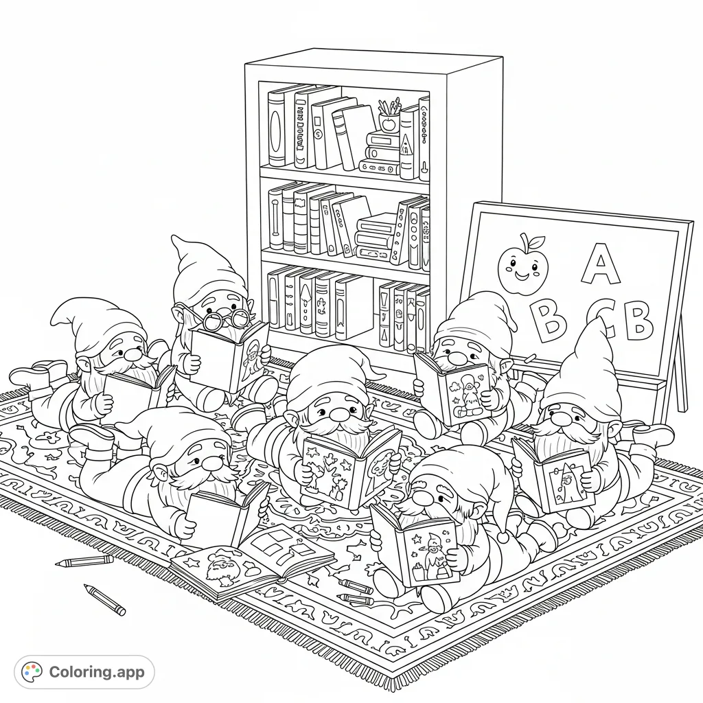Discover a charming gnome coloring page featuring gnomes reading books on a patterned rug, surrounded by a bookshelf, chalkboard, and art supplies.