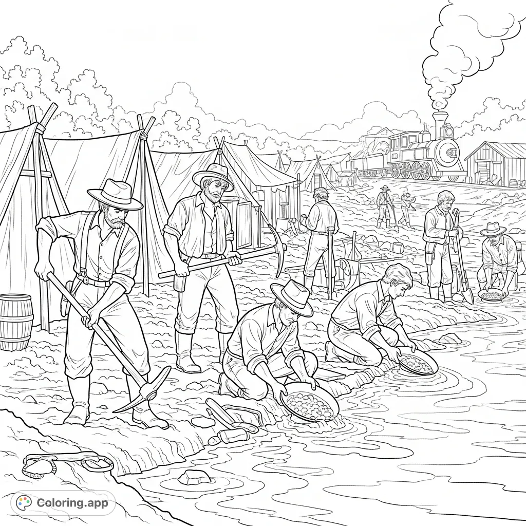 Explore a dynamic gold rush scene with determined prospectors, digging, panning, and a bustling settlement, perfect for history enthusiasts.