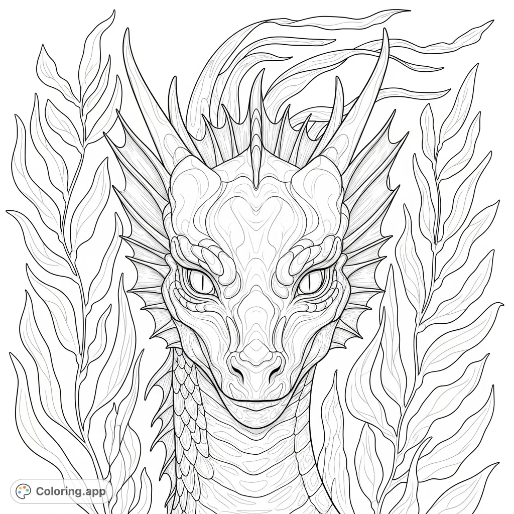 Discover a majestic water dragon emerging from crystalline depths. Its detailed scales, delicate fins, and luminous eyes promise a captivating coloring journey.