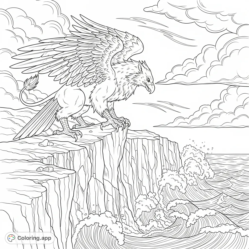 A majestic griffin perches on a craggy cliff, its feathers ruffled by strong winds, overlooking a dramatic, tempestuous sea with crashing waves and looming clouds.