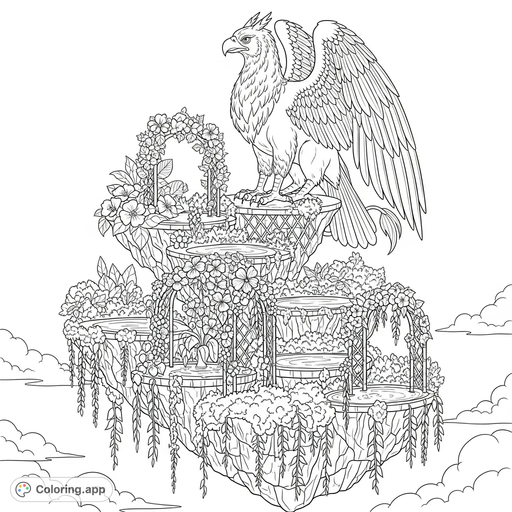 A magnificent griffin rests atop a magical floating garden, adorned with cascading plants, intricate trellises, and serene pools. A captivating fantasy scene.