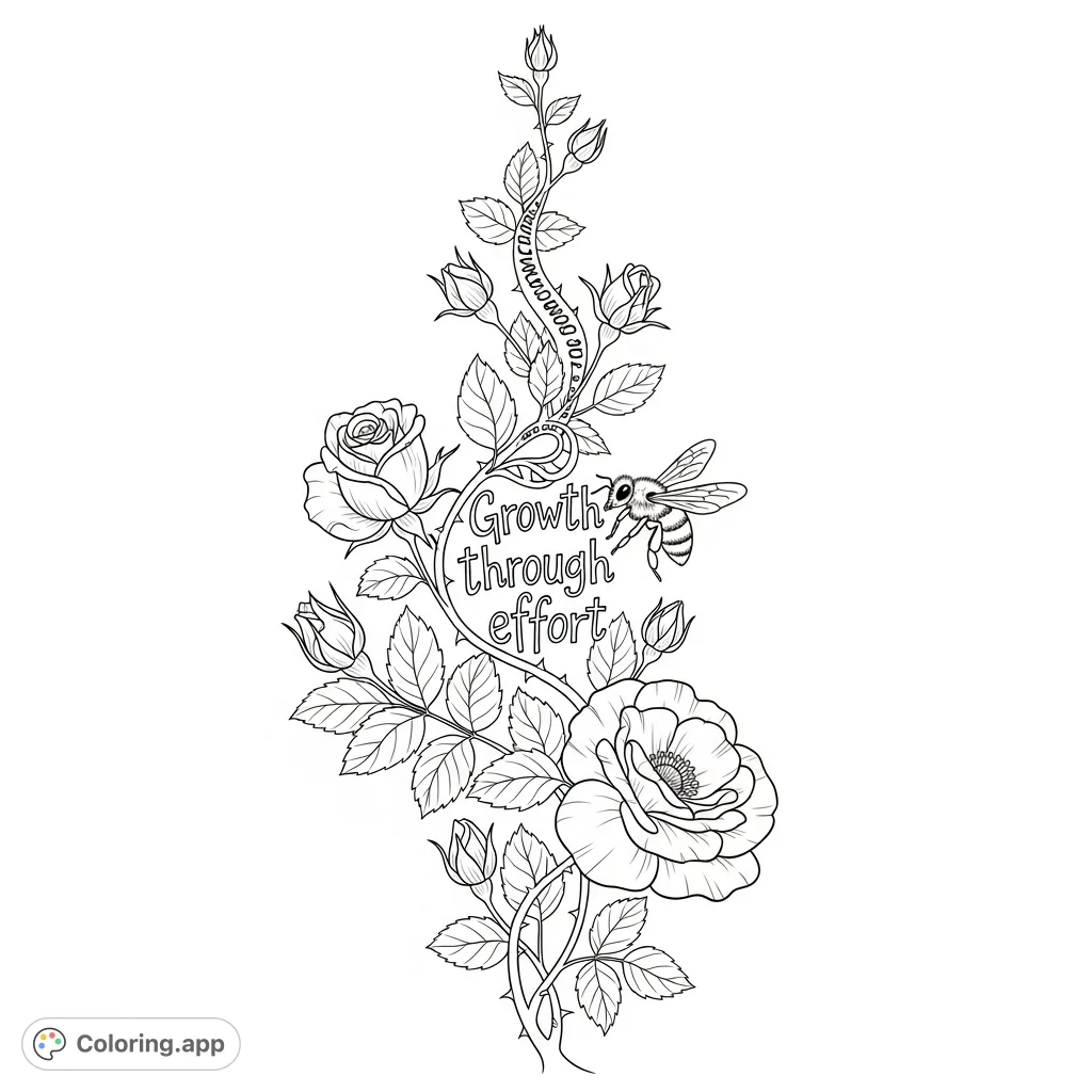 An intricate rose vine with thorns, detailed blossoms, and a diligent bee, featuring the inspiring text "Growth through effort." A nature-themed coloring page.