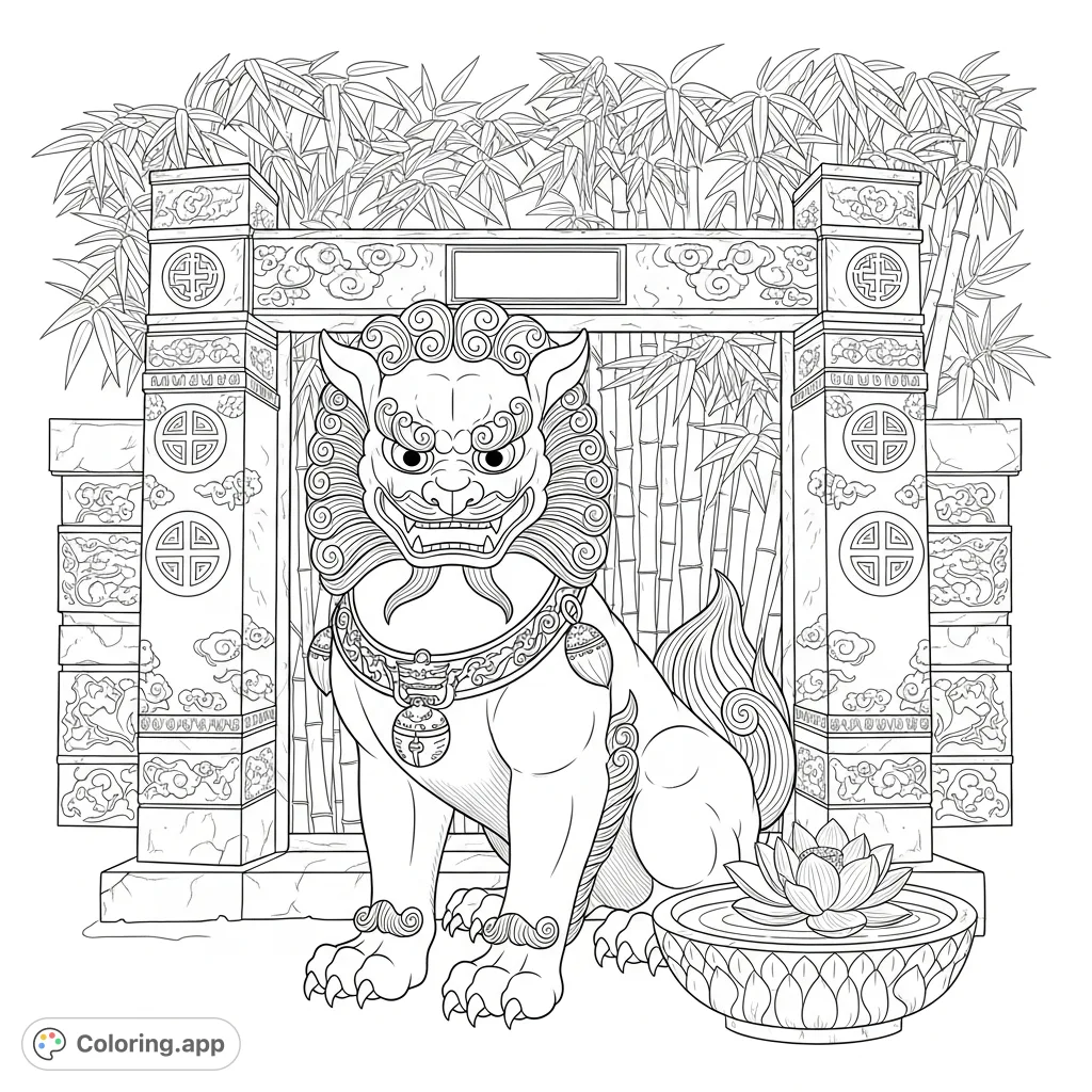 An intricate Foo Dog guards an ancient stone gate etched with symbolic patterns, flanked by bamboo and a lotus flower. A detailed cultural coloring page.