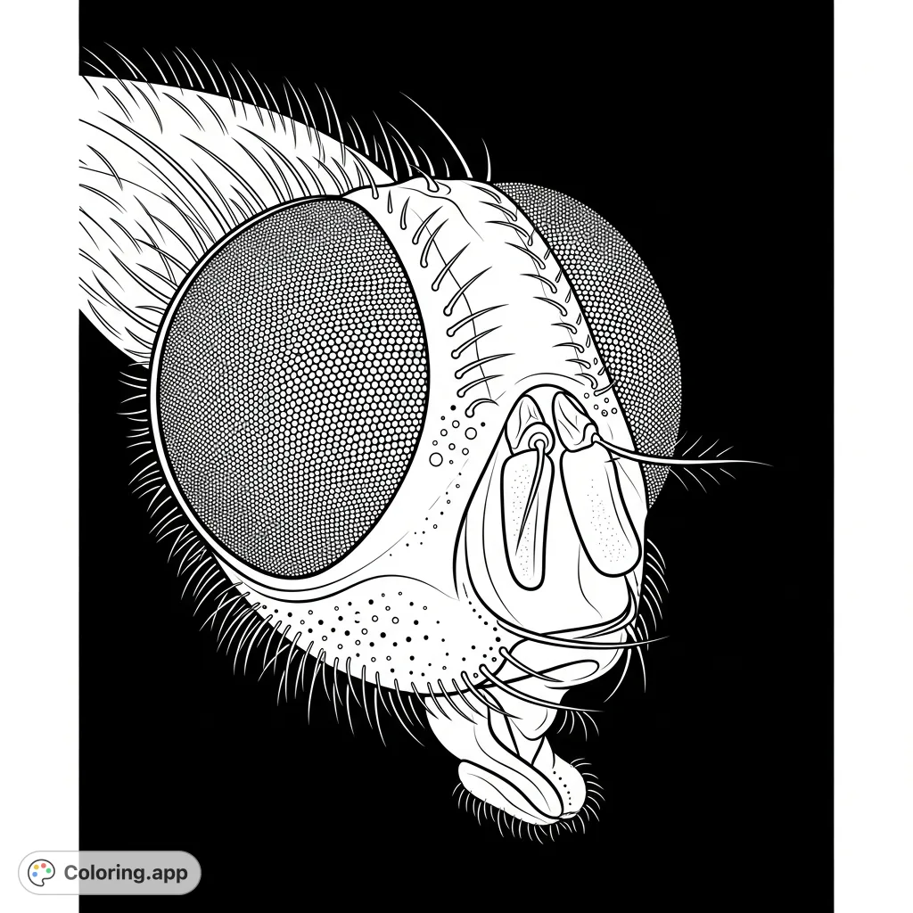 Explore the intricate world of a housefly's compound eye and proboscis in this detailed coloring page. A unique challenge for nature enthusiasts!