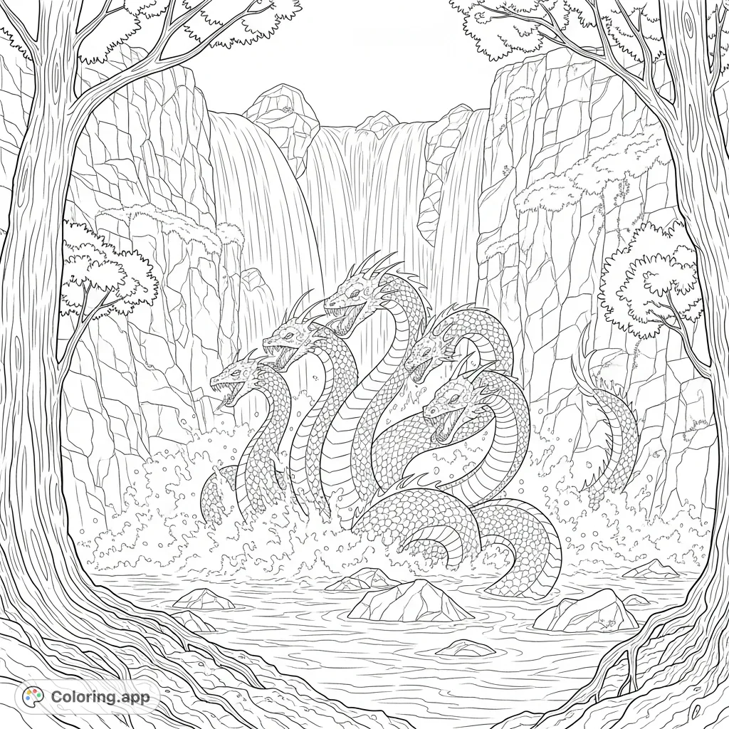 A powerful multi-headed hydra emerges from a colossal waterfall, surrounded by mist, craggy rocks, and gnarled trees. An epic mythical creature scene.