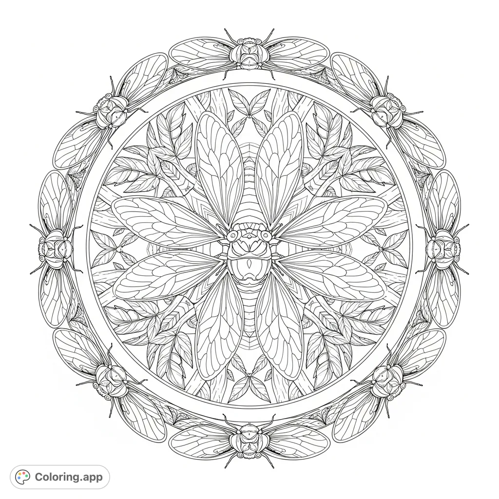 Discover a mesmerizing cicada nature mandala coloring page. Featuring a detailed central cicada, intricate lace-like wings, and symmetrical foliage for a serene coloring experience.