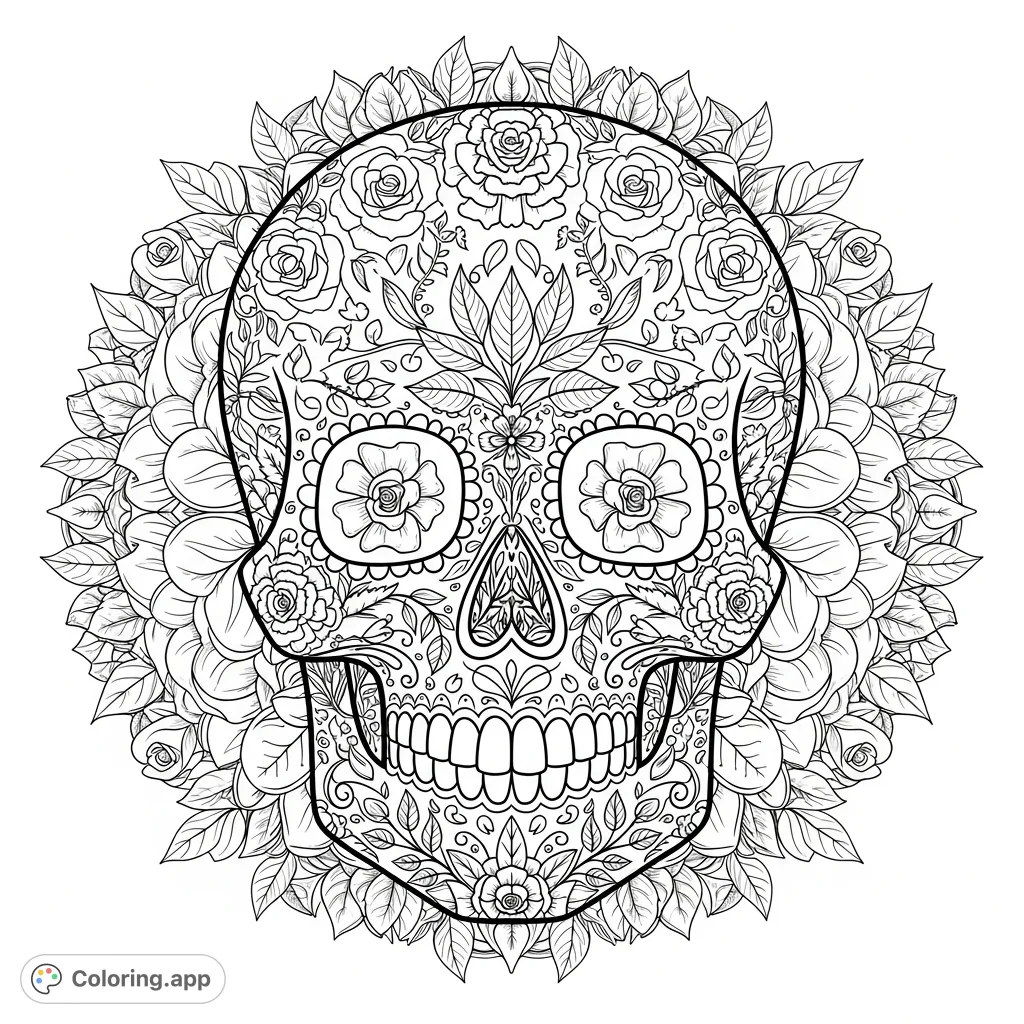 An intricate Floral Sugar Skull coloring page, dense with marigolds, roses, vines, and symmetrical patterns set against a detailed floral mandala background.