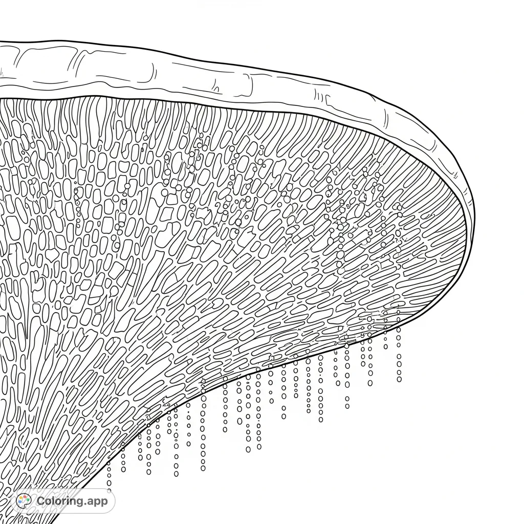 Explore the intricate underside of a bracket fungus, featuring a dense network of geometrically patterned pores and a delicate cloud of spores. A challenging, detailed nature coloring page.