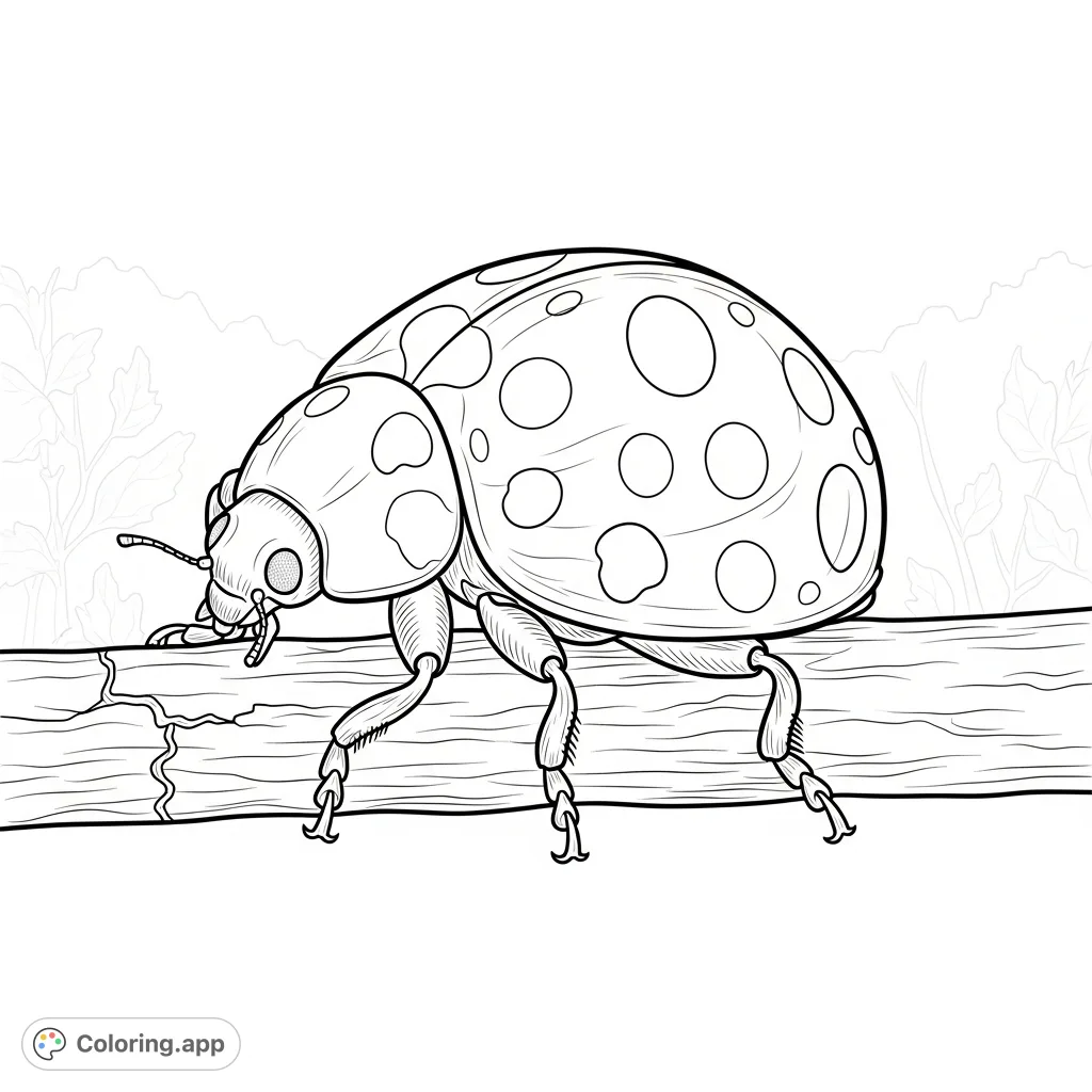 Discover an intricate ladybug coloring page, highlighting its patterned elytra, segmented legs gripping a cracked twig, and soft foliage background.