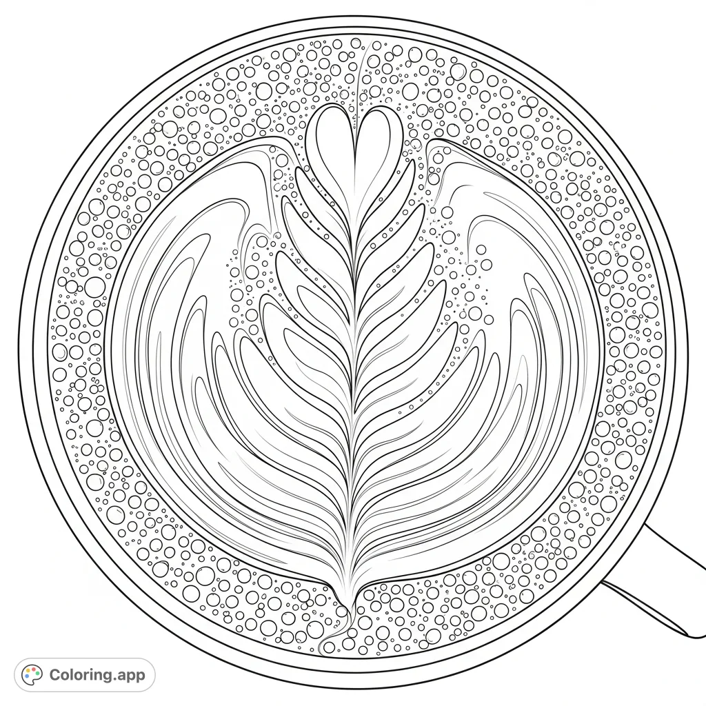 Capture the beauty of an intricate leaf latte art design atop a frothy cappuccino. Perfect for coffee lovers and detailed coloring enthusiasts.