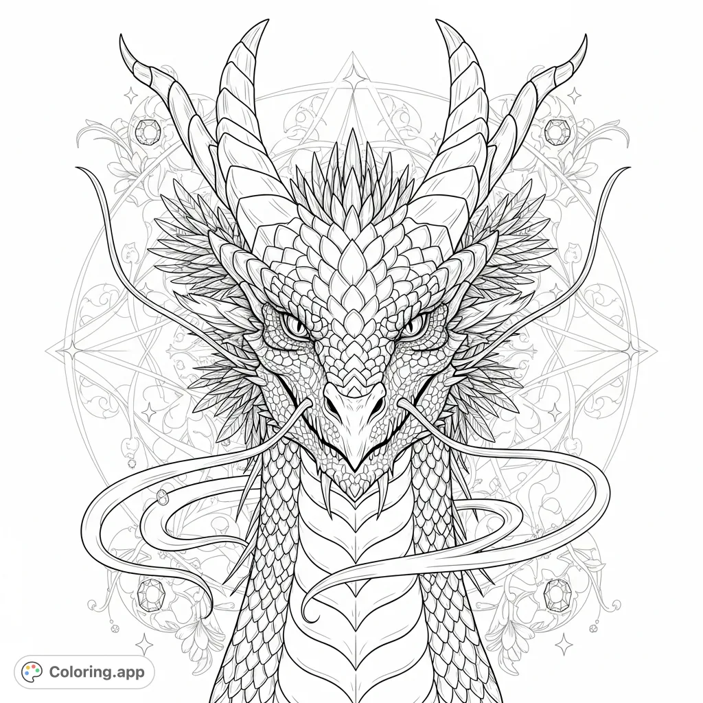Experience the majestic details of a dragon's head and neck, featuring mosaic-like scales, delicate feathers, spiraling horns, and a celestial, floral background with gemstones.
