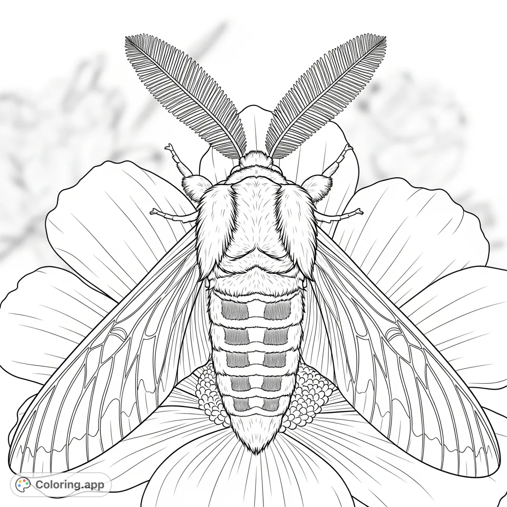 Discover a detailed moth coloring page featuring a creature with furry segments, feathery antennae, and intricate wing patterns resting on a velvety flower.