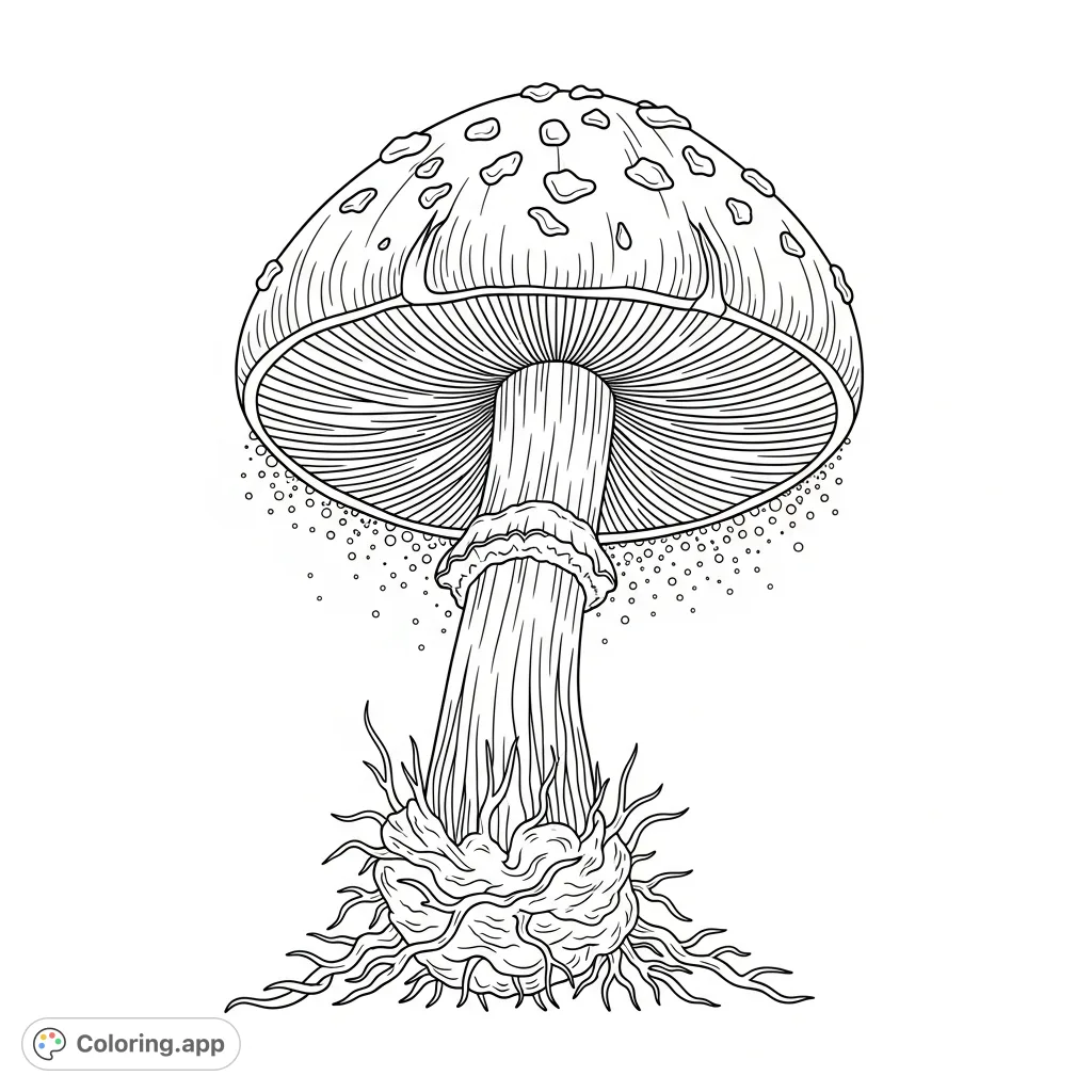 Discover a detailed mushroom from a ground-level view, featuring a textured cap, intricate gills, visible spores, and a stem rooted in tangled soil.