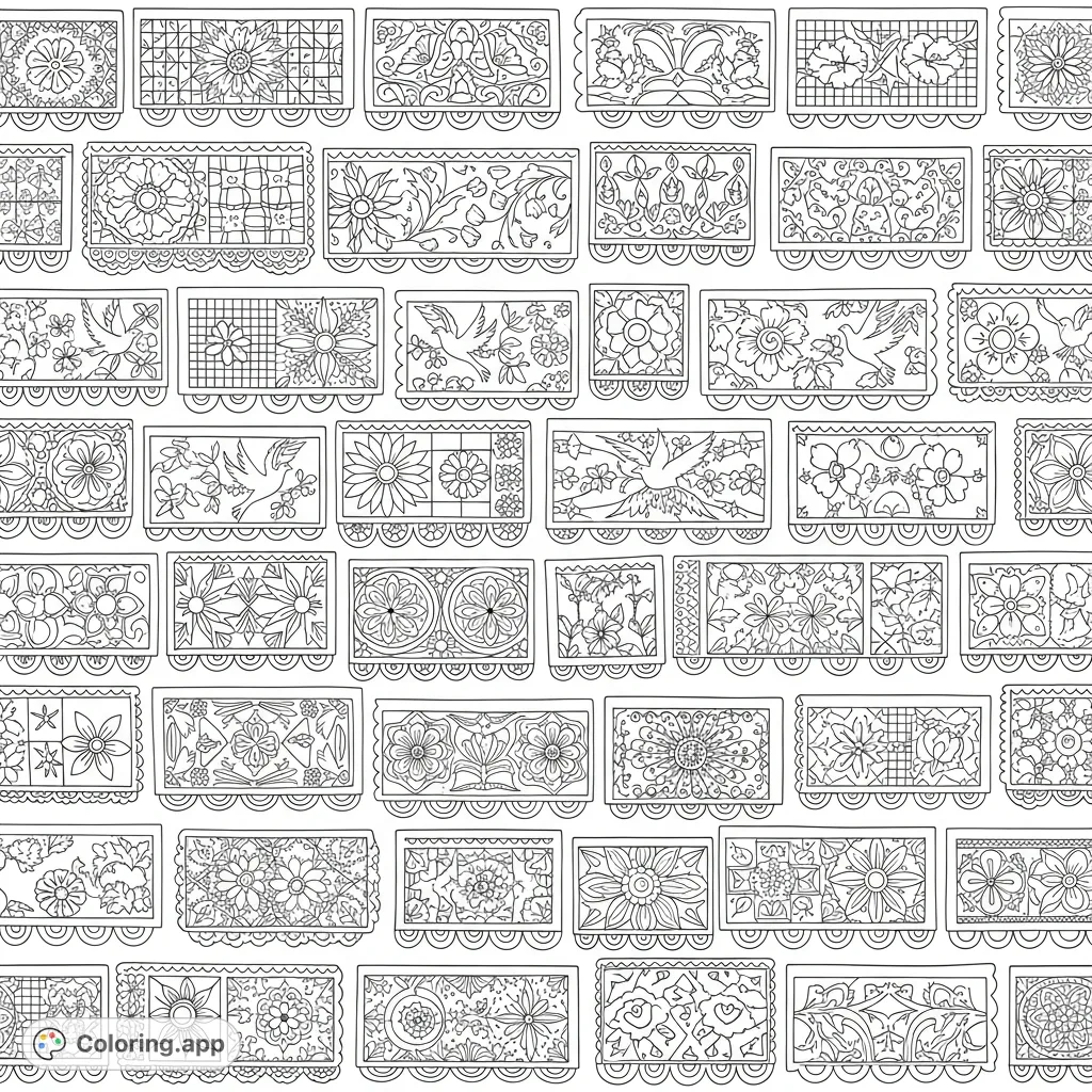Explore a beautiful Papel Picado pattern coloring page with layered banners, delicate floral cutouts, birds, suns, and geometric shapes. A truly intricate design!