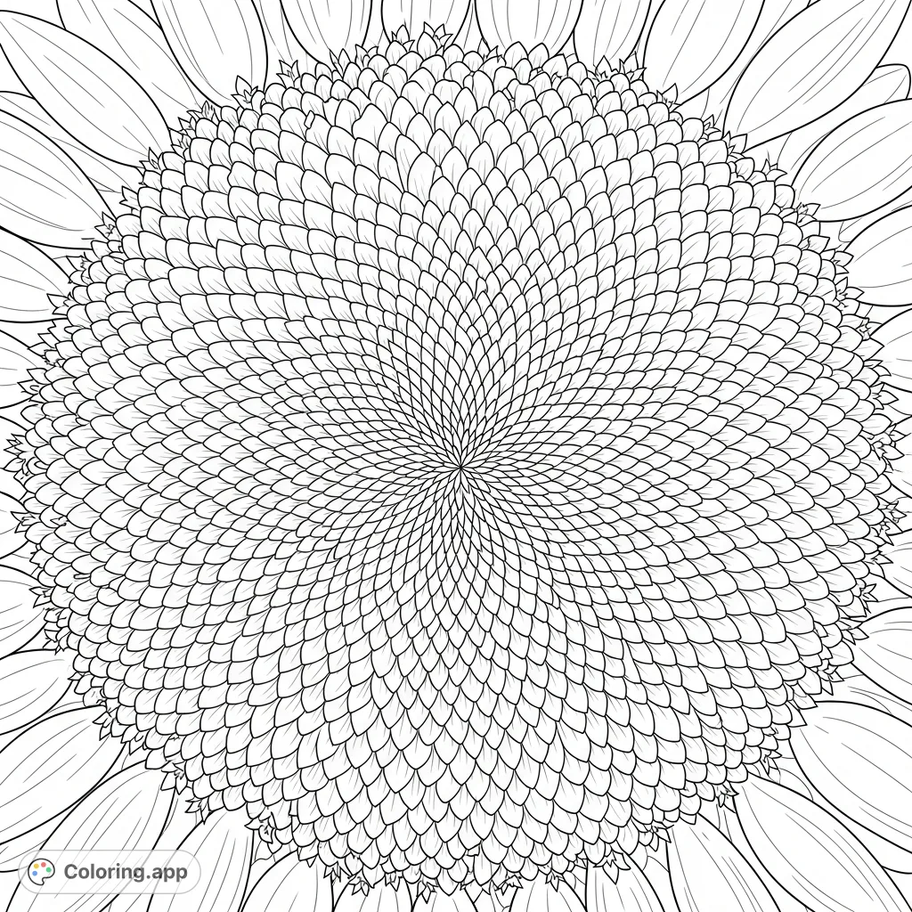 An extreme close-up of a sunflower's central disc reveals a mesmerizing, spiraling arrangement of tiny, tightly packed petals forming a complex geometric pattern.