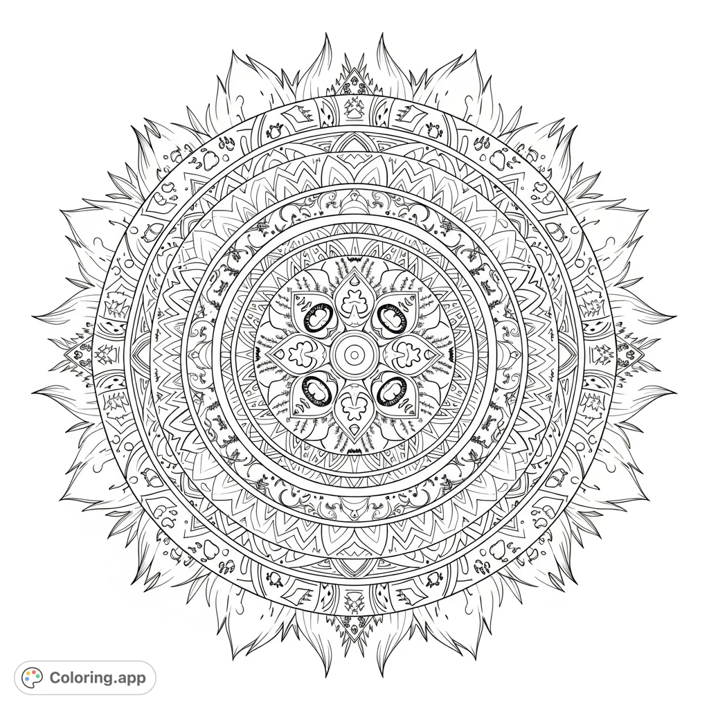 Discover an intricate wolf fur mandala coloring page featuring a stylized wolf head, layered fur textures, and hidden forest motifs for a captivating coloring experience.