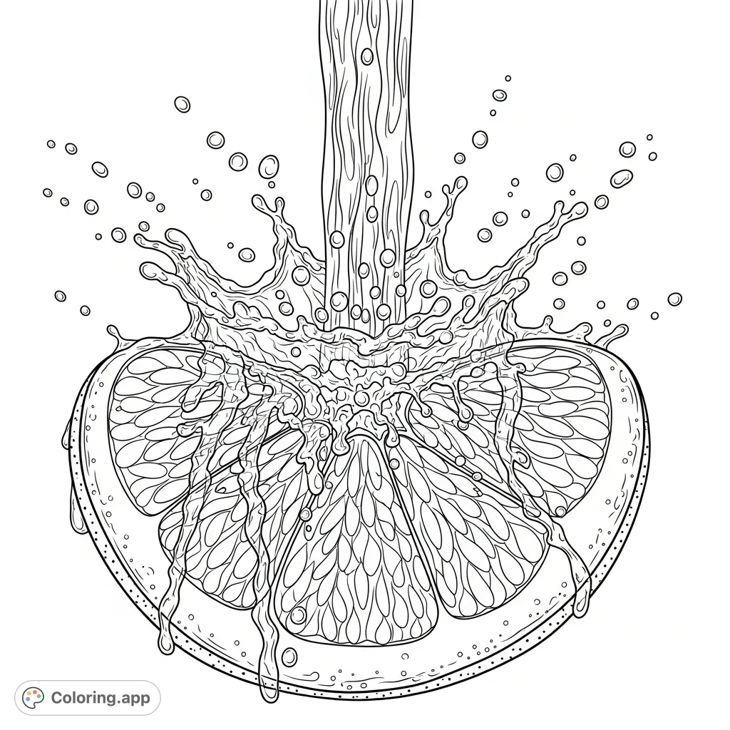 A peeled citrus segment, rich with juice vesicles, caught mid-splash by a cascade of water, creating dynamic patterns. A refreshing, detailed coloring page.