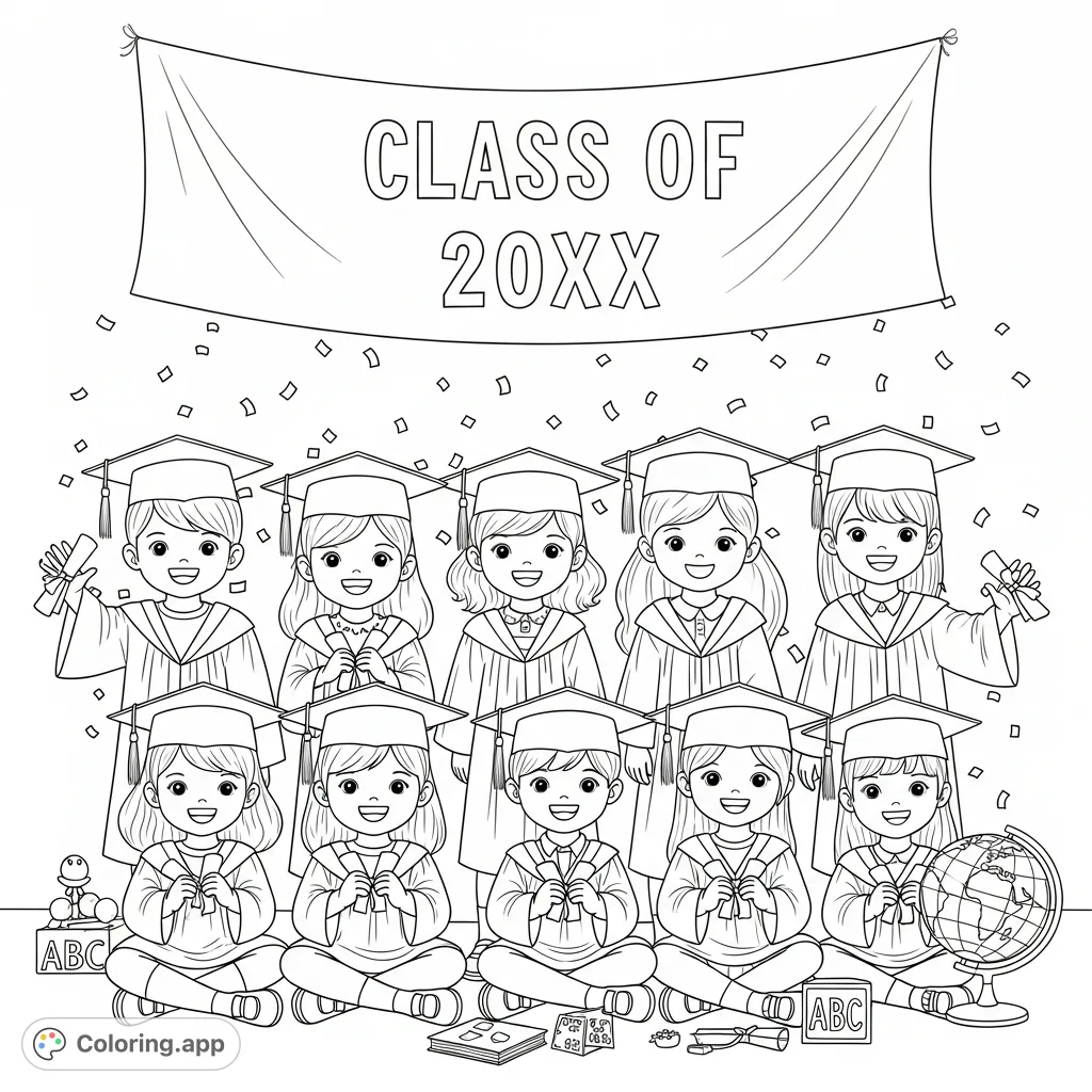 Celebrate this milestone! A joyous group of kindergarten graduates in caps and gowns, with a "Class of 20XX" banner and falling confetti. Perfect for young achievers!
