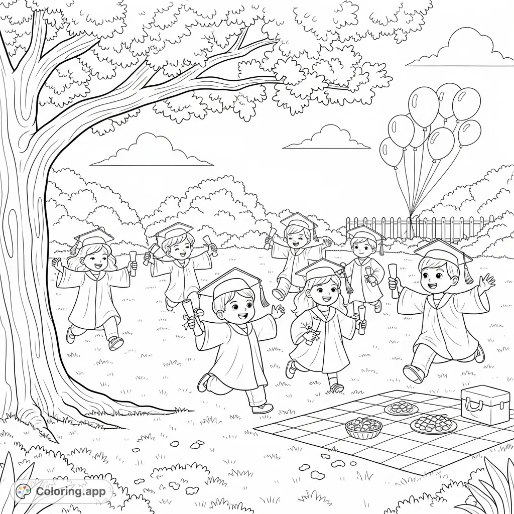 Capture the joy of a kindergarten graduation! Children in caps and gowns celebrate on a sunny lawn with diplomas, an oak tree, and festive balloons.