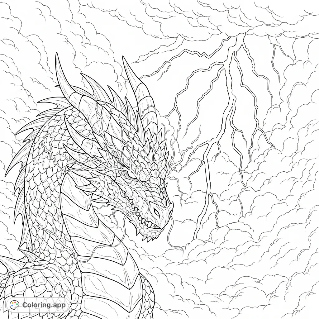 Unleash your creativity on this majestic lightning dragon coloring page, featuring intricate scales, electric arcs, and a dramatic storm-filled sky.