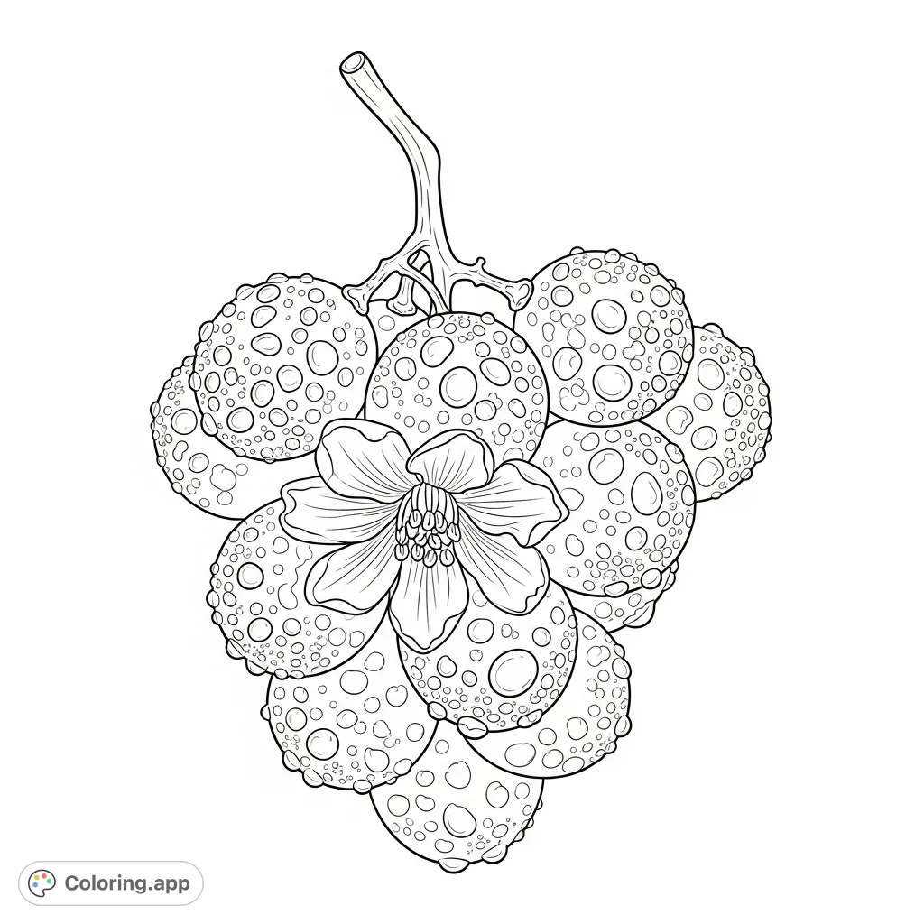 A beautiful bunch of grapes, each translucent orb covered in a delicate bloom and shimmering dewdrops, creating a luscious and inviting scene.