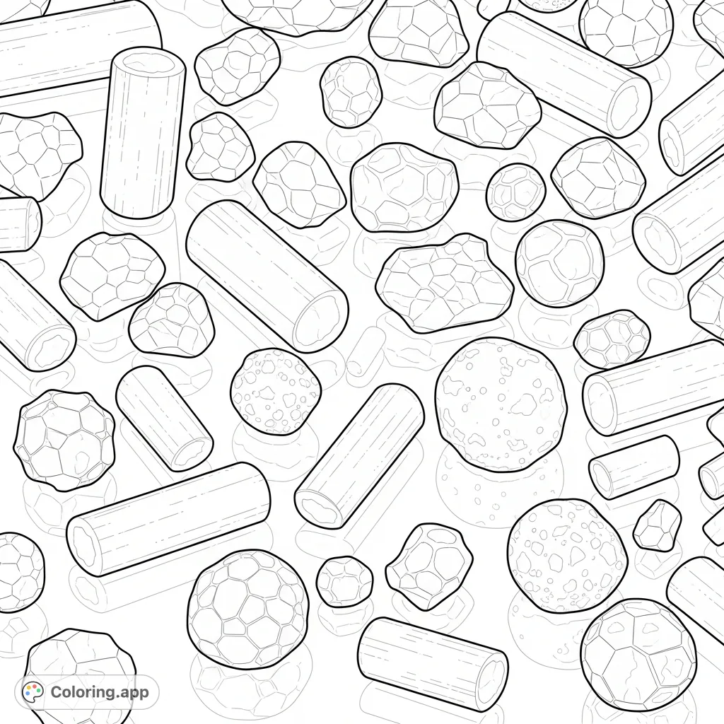 Explore a delightful magnified view of candy sprinkles. Cylinders, spheres, and fragments scatter across a smooth surface, perfect for detailed coloring.