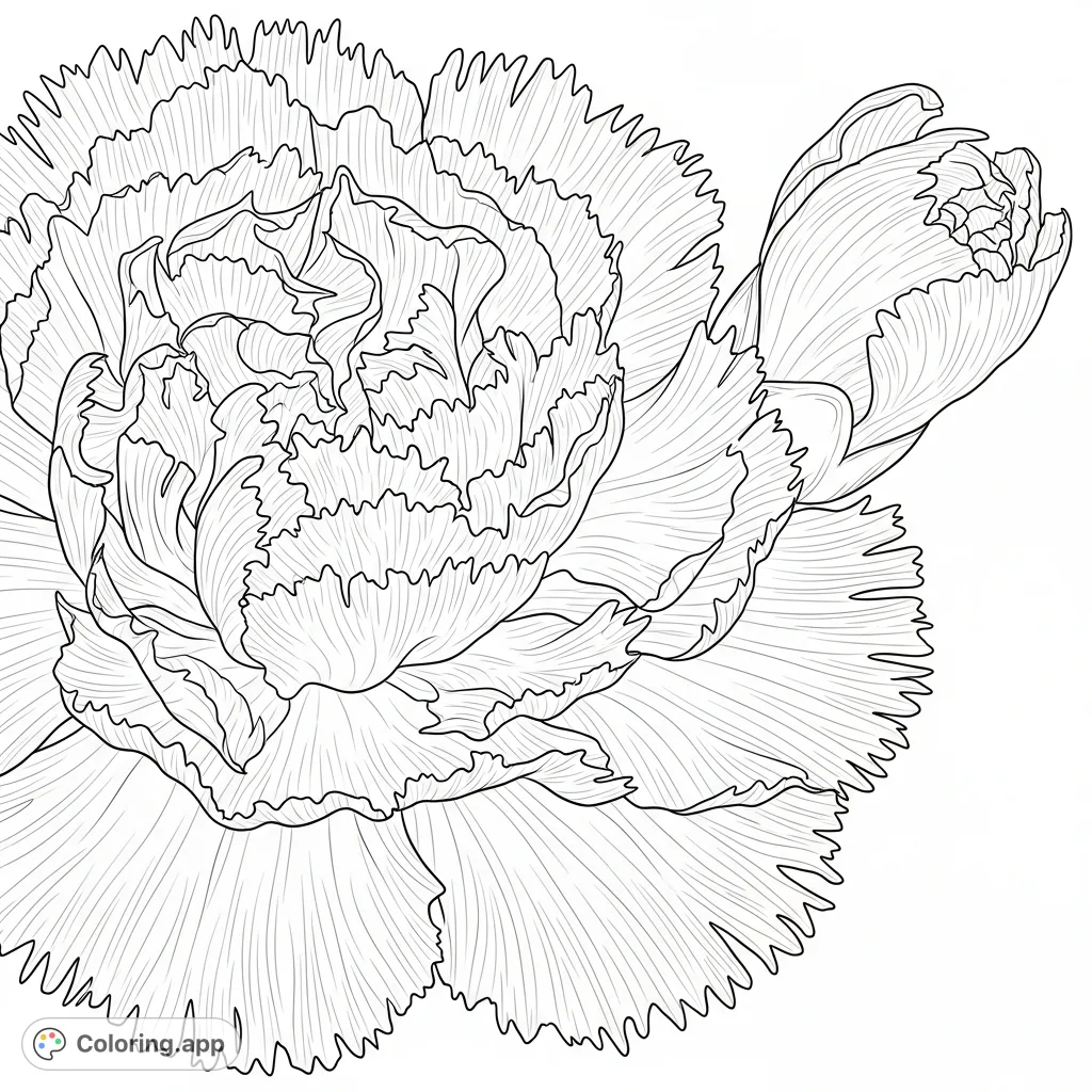 Discover the intricate beauty of a magnified carnation petal, revealing its delicate, lace-like texture and soft, ruffled folds. A stunning floral coloring page.