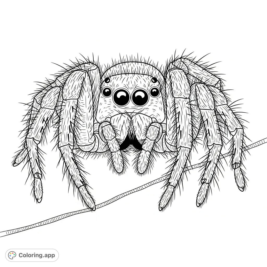 Explore the intricate world of a spider with this detailed coloring page, featuring magnified hairy legs, clustered eyes, and delicate claws. Perfect for nature enthusiasts.