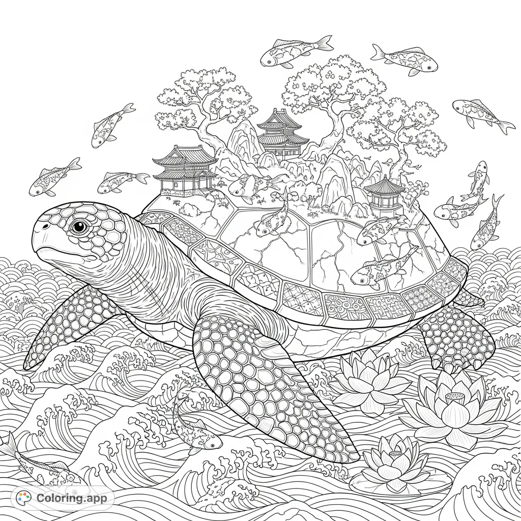 Discover a serene Ao turtle, its shell a canvas for a tiny landscape with cherry trees and traditional rooftops, gliding through stylized waves amidst koi and lotus flowers.