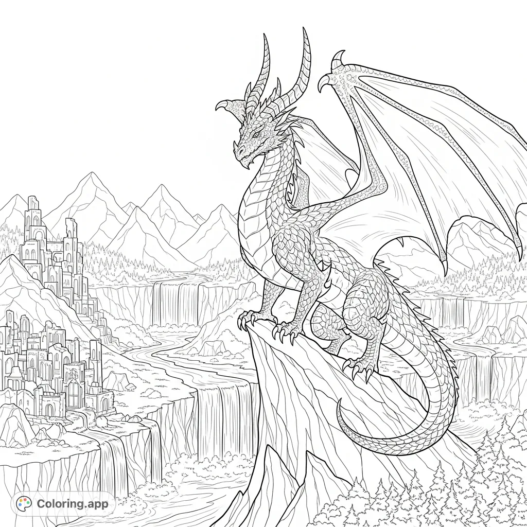 A formidable dragon with textured scales and spiraling horns proudly overlooks a vast landscape featuring ancient ruins, a winding river, dramatic waterfalls, and an enchanted forest.