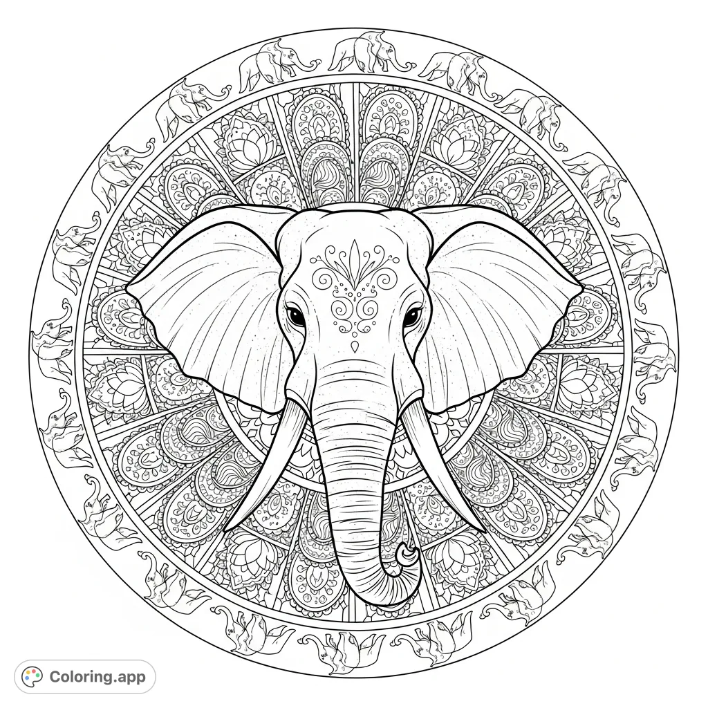Discover a majestic elephant mandala featuring a detailed elephant head surrounded by intricate radial patterns, filigree, lotus flowers, and elephant silhouettes.
