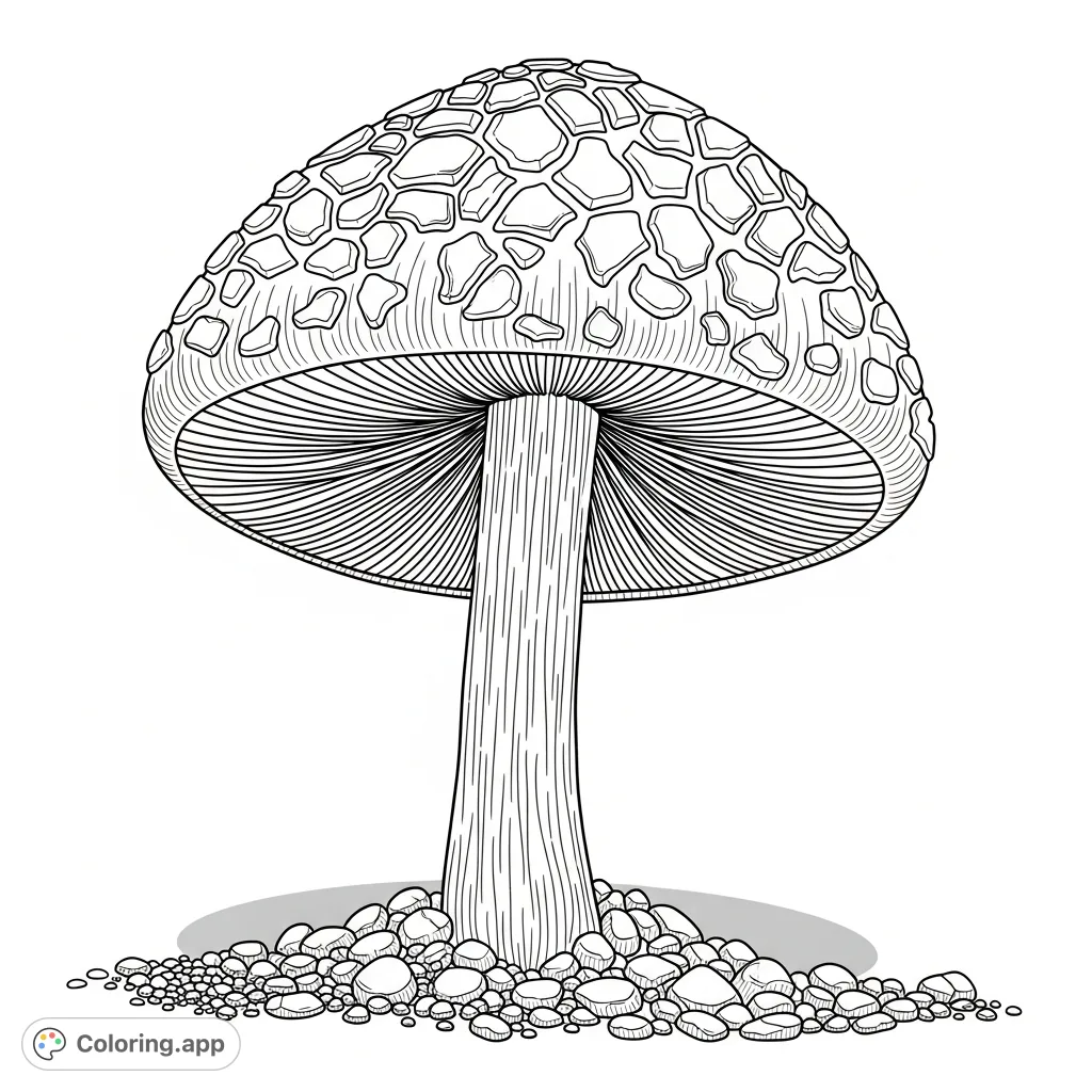 Explore a majestic forest mushroom with a captivating cracked cap, intricate radiating gills, and a fibrous stem rising from a detailed forest floor.