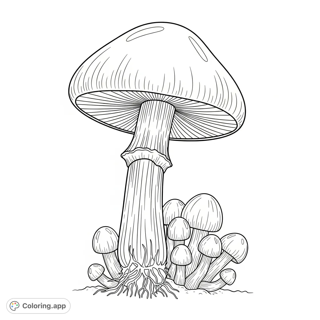 Discover a detailed mushroom coloring page featuring a solitary, textured fungi with a smooth cap, striated stalk, and young clusters for nature enthusiasts.